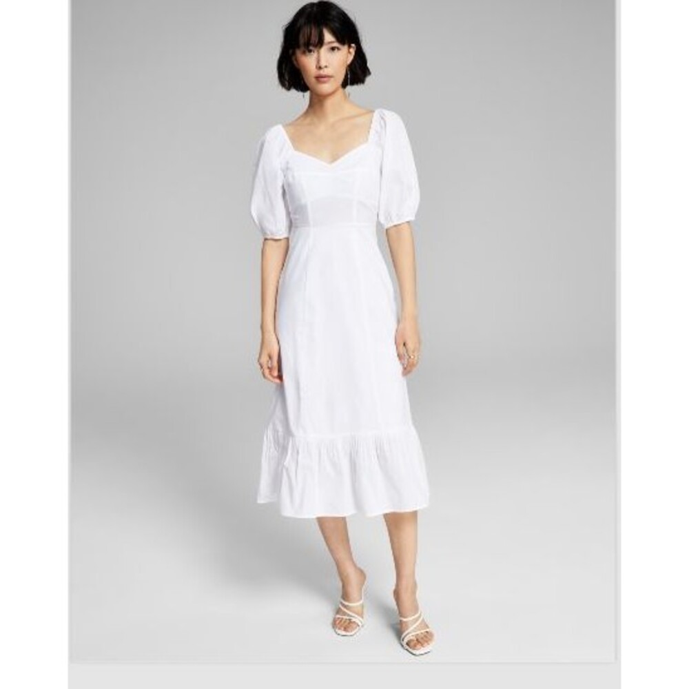 And Now This Womens Sz M White Puff-Sleeve Midi Dress Smocked Summer Coquette